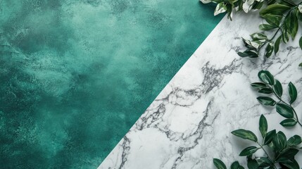 Poster - Elegant marble and green abstract background with foliage for modern design and aesthetic applications.