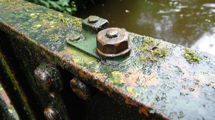 Poster - Aged metal construction detail with rust and moss showcasing industrial architecture amidst nature.