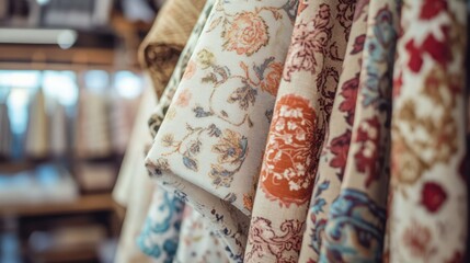 Poster - Pastel colored cotton fabrics displayed in a vibrant textiles shop showcasing a variety of intricate floral patterns and textures