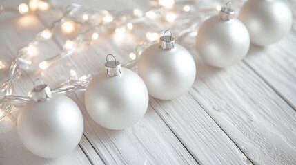 Poster - Elegant white Christmas ornaments with twinkling lights on rustic wooden surface creating a festive seasonal backdrop for holiday greetings