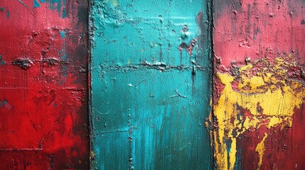 Poster - Colorful weathered metal surface with peeling paint and textured layers in red, turquoise, and yellow tones for artistic backgrounds.