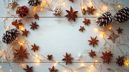 Poster - Christmas flat lay with decorations anise cones and fairy lights on rustic wood background space for seasonal greetings and holiday messages