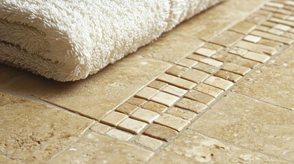 Poster - Detailed close-up of expertly installed mosaic tile flooring with a soft towel nearby, emphasizing skilled craftsmanship and quality in contracting services, home improvement, interior design.