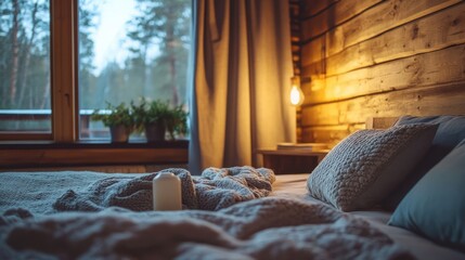 Aufkleber - cozy rustic bedroom with warm evening light showcasing wooden accents and serene atmosphere in moder