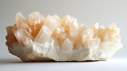 Poster - Beautiful natural calcite crystal cluster with intricate formations and soft peach hues on a neutral background.