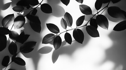 Poster - Elegant monochrome leaves casting shadows on a light background creating a serene and artistic natural ambiance.