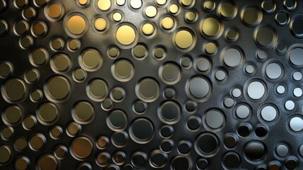 Poster - Textured metallic surface with circular indentations creating a modern abstract pattern in shades of black and gold