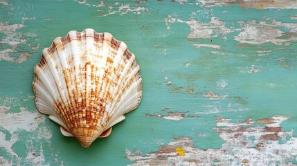 Poster - Scallop Shell on Vintage Green Wood Background with Textured Paint Peeling