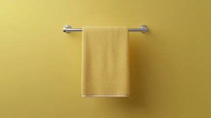 Poster - mockup of towel hanging on a bar against a vibrant yellow background for branding and packaging design concepts