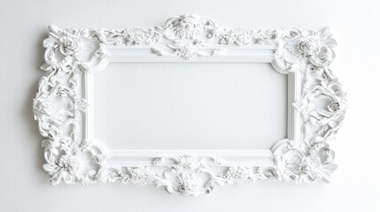 Poster - Elegant white wooden picture frame with intricate floral designs on a neutral background ideal for showcasing artwork or photographs.
