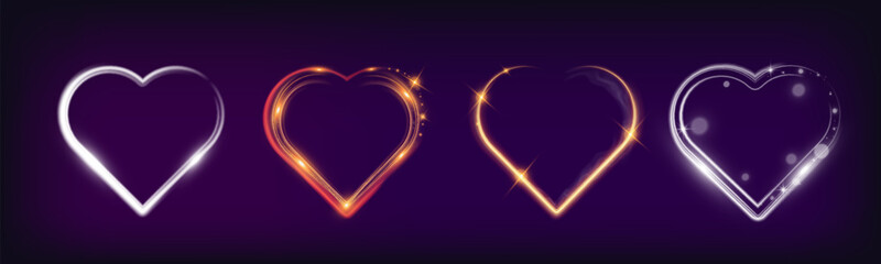 Poster - Set of glowing heart shapes with sparkles and light effects on dark transparent background. Designs include fiery, golden, and neon elements suitable for romantic or festive themes.