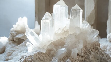 Poster - Selenite Crystal Cluster with Sharp Points and Natural Texture on White Background