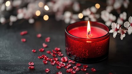Poster - Red candle glowing softly surrounded by flower petals and festive lights on a dark textured background creating a warm ambiance