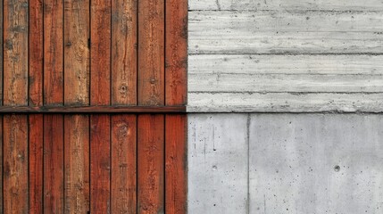 Poster - Minimalist wall texture featuring a split design of rustic wood and smooth concrete enhancing architectural aesthetics.