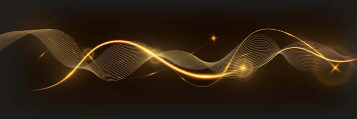 Poster - Golden glowing wave lines on dark background with sparkling light effects, elegant abstract design for technology, luxury, or festive themes.