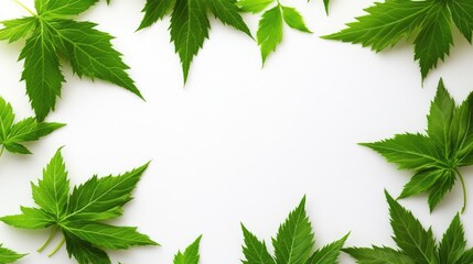Poster - Green leaves border arrangement on a white background creating a fresh and natural frame for design and presentation purposes.