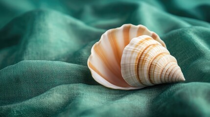Poster - Sea shell resting on a textured green fabric backdrop emphasizing natural beauty and simplicity in still life composition