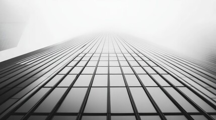 Poster - Minimalist perspective of a skyscraper disappearing into fog showcasing modern architecture and geometric patterns in black and white.