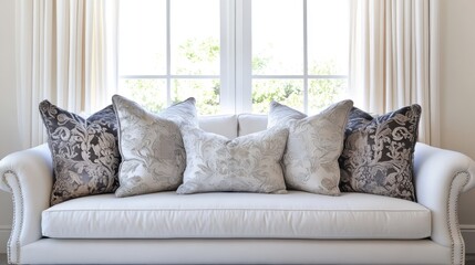 Poster - Elegant modern living room featuring a stylish white sofa adorned with decorative pillows and bright natural light streaming in from windows