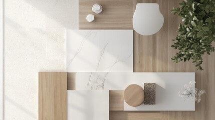 Poster - Mood board showcasing material samples for interior design featuring travertine, marble, quartz, and various wood floorings in a modern setting.
