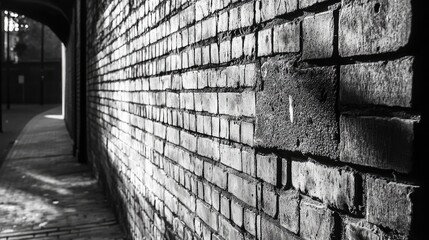 Poster - Monochrome grey brick wall with textured surface creating a repetitive pattern in a narrow alleyway setting