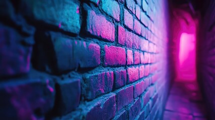 Poster - Neon blue and purple gradient brick wall urban street style textured background with empty space for creative design and advertising purposes