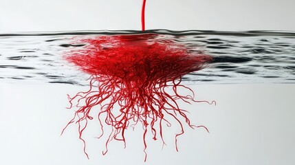 Poster - Red dye swirling in water creating vibrant patterns against a clean white background artistic abstract concept of color and fluid movement