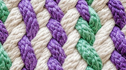 Poster - Colorful sisal ropes in purple, green, and white woven background texture perfect for design and creative projects.