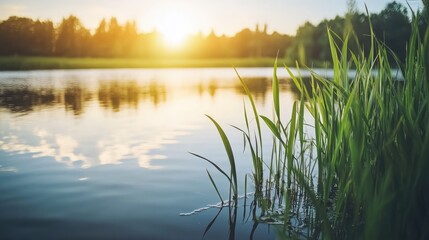 Poster - Serene marsh pond at sunset with lush green reeds and reflective water capturing the warm golden hour light over a tranquil landscape