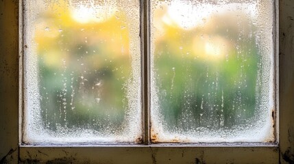 Poster - Foggy old window with condensation, revealing a blurred view of green foliage outside, featuring worn wooden frames and a textured glass surface, nostalgia, vintage, interior.