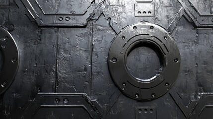 Poster - Industrial black sheet metal texture with circular cutouts and detailed panel design suitable for backgrounds or design projects.