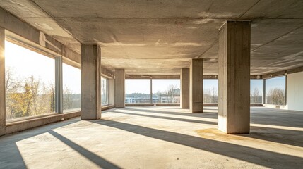 Poster - Completed prestressed concrete ceiling in an empty building under construction, featuring large windows and natural light casting shadows, interior architecture, construction site, industrial space.