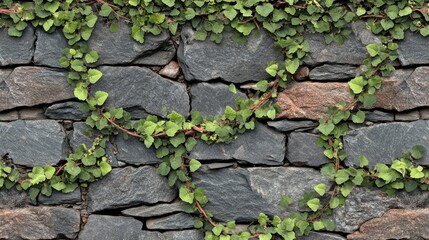 Poster - Textured stone wall covered with green ivy vines creating a natural and rustic background for design and architectural projects.