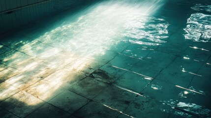 Poster - Sunlight streaming onto the water surface of a dirty swimming pool highlighting textures and reflections on the floor tiles.