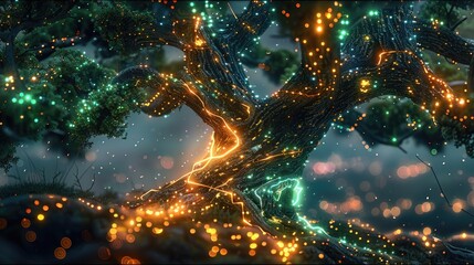 Poster - A futuristic tree with glowing neon circuit board branches, blending organic elements like leaves and vines with high-tech components such as glowing wires, LED lights, and metallic surfaces.