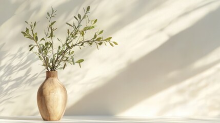 Poster - Olive branch in a wooden vase with sunlight casting elegant shadows on a minimalistic background showcasing floral decor and copy space