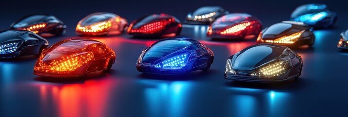 Aufkleber - LED car headlights and tail lights are artistically arranged, showcasing a variety of colors and designs, while providing a clear area for text. Generative AI