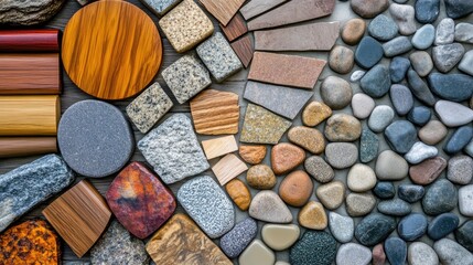 Poster - Diverse collection of interior material samples showcasing wood, stone, and tile textures ideal for flooring and design inspiration in close-up view