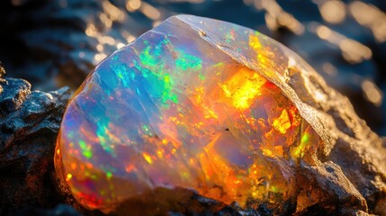 Poster - Close-up of a vibrant opal gemstone displaying brilliant colors of orange, blue, and green hues, resting on a textured black stone background, natural beauty, mineral collection, macro photography.