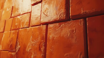 Poster - Close-up view of an orange brick wall texture, featuring uneven surfaces and glossy finishes, ideal for backgrounds, architecture, interior design, rustic style.