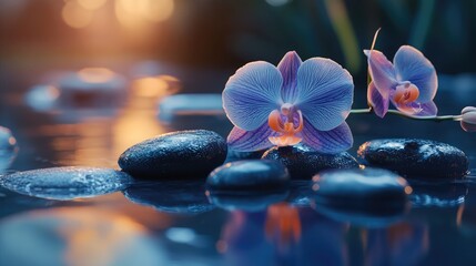 Poster - Orchid flower and zen stones resting on a tranquil wet surface during sunset highlighting serenity and natural beauty.