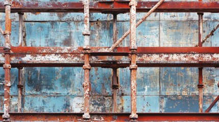 Poster - Rustic closeup of an oxidized steel tube scaffold against a weathered blue background showcasing decay and industrial textures.