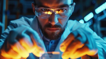 Poster - Engineer holding a microchip under bright tech-themed lighting.