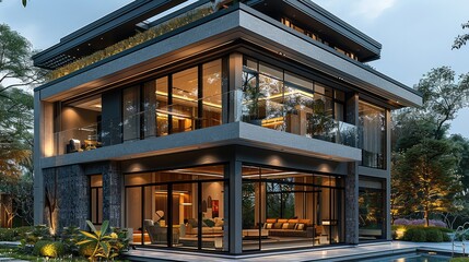 Poster - Modern three-story villa, sleek and minimalist style, fair-faced concrete exterior, contemporary and luxurious materials, front gate with elegant fencing, outdoor swimming pool, clean lines.
