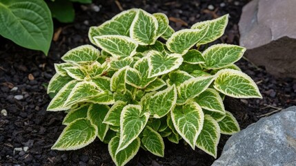 Canvas Print - Vibrant green coleus plant with striped textured leaves showcasing natural beauty in a garden setting from a top view perspective.