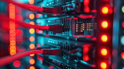 Poster - Close up of network server rack with connected cables and blinking lights in a modern data center, ensuring high speed data processing and innovative production