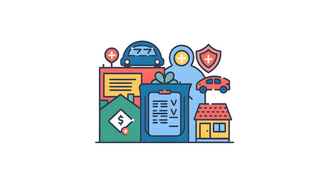 A bundle of insurance set icons. There are icons for auto insurance, health insurance, life insurance, and home insurance.