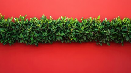 Canvas Print - Lush green hedge against vibrant red wall creating a striking contrast ideal for home decor or landscaping inspiration