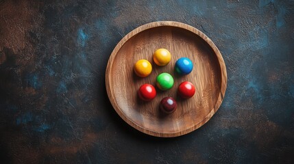 Sticker - Colorful wooden balls on a rustic wooden plate against a textured background showcasing creativity and design potential