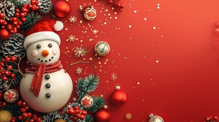 Poster - 3D cute Christmas border with a snowman, Santa Claus, and decorations on a red background banner template for holiday party design. New year celebration concept. Copy space. top view.